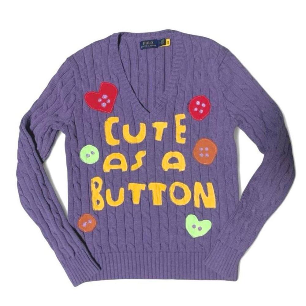 Custom upcycled cute as a button polo purple knit sweater